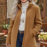 Fleece Zip-Up Jacket Women's Stand Collar Solid Color Loose Fit Casual Long Sleeve Outerwear Clothing - Image 2