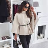 Stand Collar Batwing Sleeves Cloak Top With Belt Ins Fashion Temperament Jacket Woolen Sweater Outwear For Women Clothing - Image 3