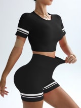 Women Seamless 2 Piece Workout Outfit, Striped Short Sleeve Crop Top & High Waist Butt Lifting Biker Shorts Set, Breathable Stretchy Yoga Gym Fitness Activewear - Image 24