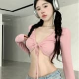 Deep-V Short-length Long-sleeve T-shirt With Tie-up Top For Women - Image 3