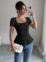 European And American Cross-Border Women's Clothing Summer Fashion Elegant Casual Lace Shirt Square Collar Bow Short-Sleeved Top - Image 4