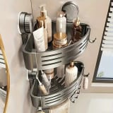 Triangular Space-Saving Suction Cup Bathroom Storage Shelf No Drilling Required Multifunctional Storage Organizer with Hooks - Image 4
