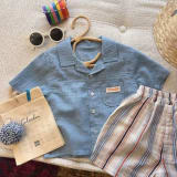 Boy's Cotton-linen Short-sleeve Shirt And Vertical-striped Shorts Two-piece Set - Image 3
