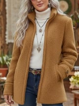 Fleece Zip-Up Jacket Women's Stand Collar Solid Color Loose Fit Casual Long Sleeve Outerwear Clothing - Image 8