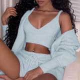3pcs Womens Clothing Long Sleeve Crop Tank Top And Drawstring Shorts Pajama Set - Image 2