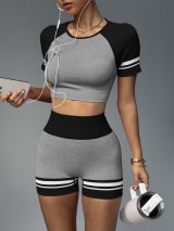 Women Seamless 2 Piece Workout Outfit, Striped Short Sleeve Crop Top & High Waist Butt Lifting Biker Shorts Set, Breathable Stretchy Yoga Gym Fitness Activewear - Image 6