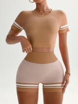 Women Seamless 2 Piece Workout Outfit, Striped Short Sleeve Crop Top & High Waist Butt Lifting Biker Shorts Set, Breathable Stretchy Yoga Gym Fitness Activewear - Image 12