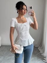 European And American Cross-Border Women's Clothing Summer Fashion Elegant Casual Lace Shirt Square Collar Bow Short-Sleeved Top - Image 1