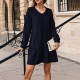 Autumn And Winter Fashion V Neck Solid Color Long Sleeve Dress - Image 3