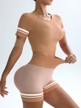 Women Seamless 2 Piece Workout Outfit, Striped Short Sleeve Crop Top & High Waist Butt Lifting Biker Shorts Set, Breathable Stretchy Yoga Gym Fitness Activewear - Image 11
