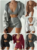 Cross-Border European And American Style Yoga Three-Piece Set With Hooded Cardigan, V-Neck Sports Bra, Shorts, Fitness Running Casual Outfit - Image 1