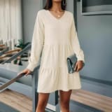 Autumn And Winter Fashion V Neck Solid Color Long Sleeve Dress - Image 2