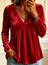 Golden Velvet V-Neck Long Sleeve Shirt Women Autumn European Style Single Button Ruched Loose Fit Doll Top Casual Blouse - Image 5