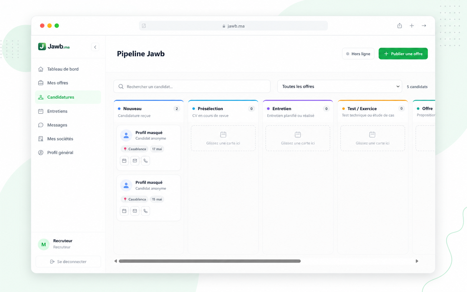 Suivi des candidatures en Kanban Jawb.ma