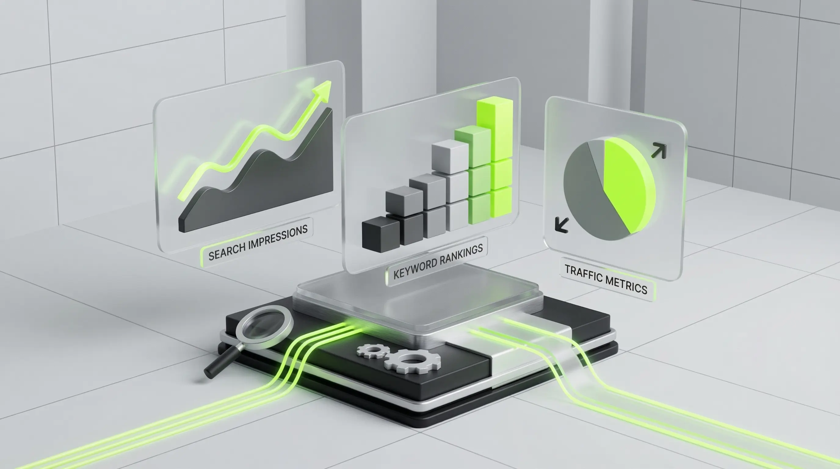 SEO analytics dashboard showing search impressions and keyword ranking metrics
