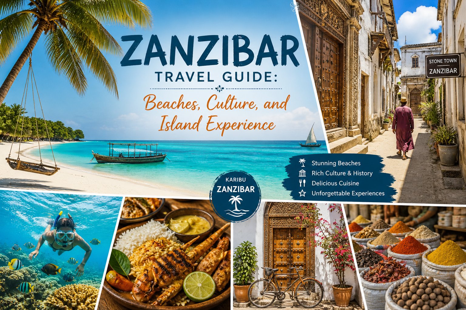 Aerial view showing turquoise waters and white sand beaches of Zanzibar coastline