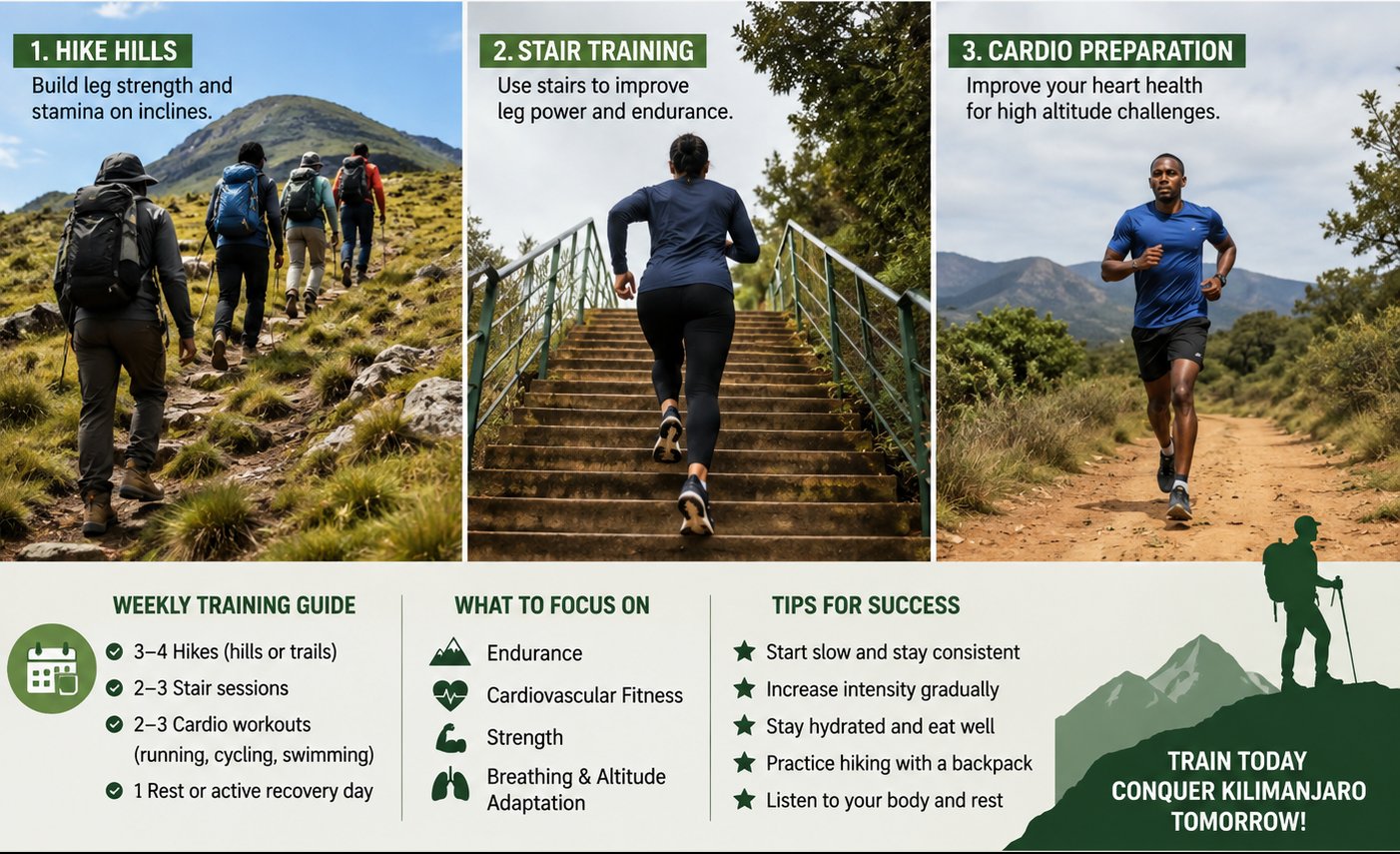 Beginner hikers training outdoors with hills, stairs, and cardio preparation for Kilimanjaro climb