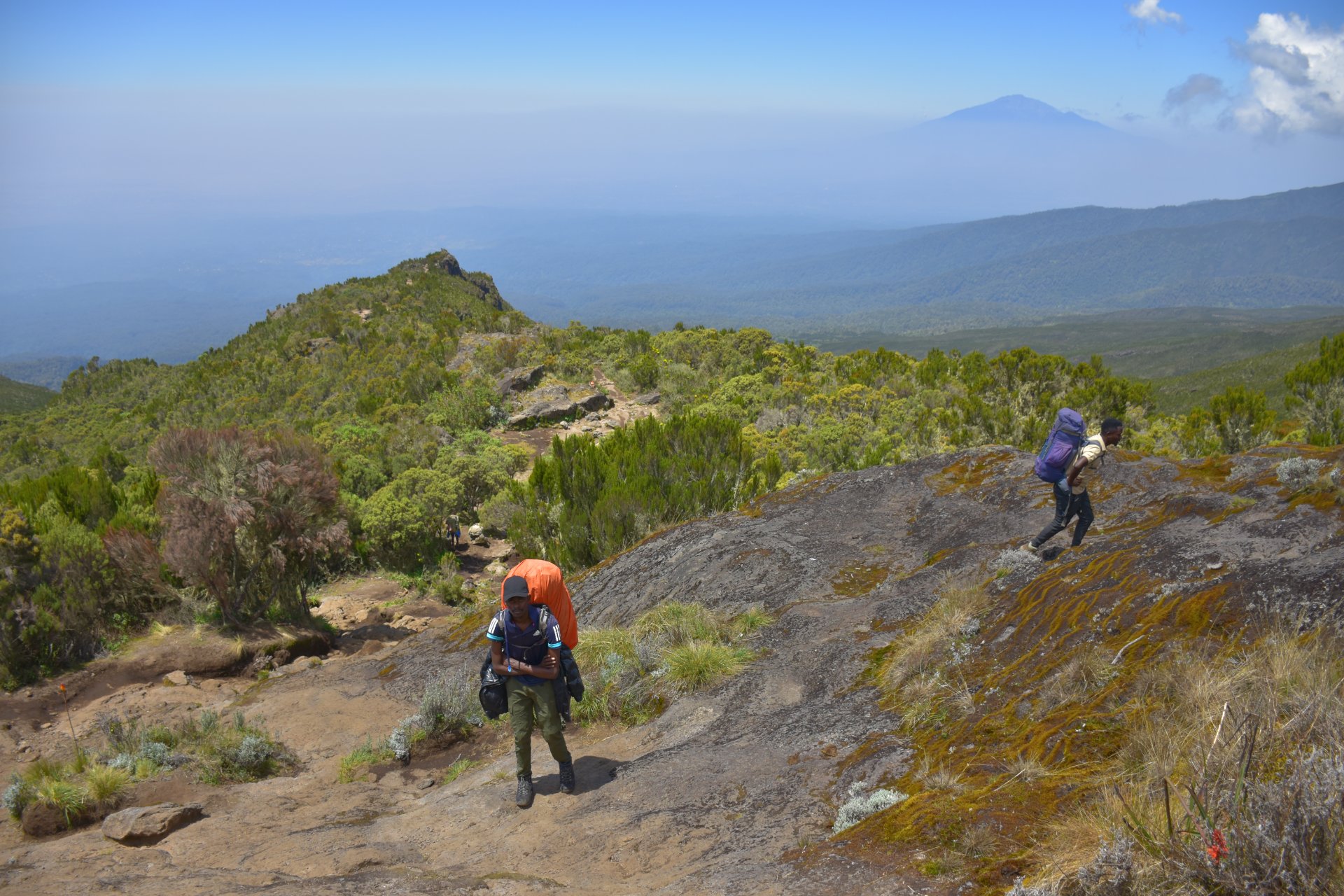 Trekkers crossing the scenic Shira Plateau on Lemosho Route