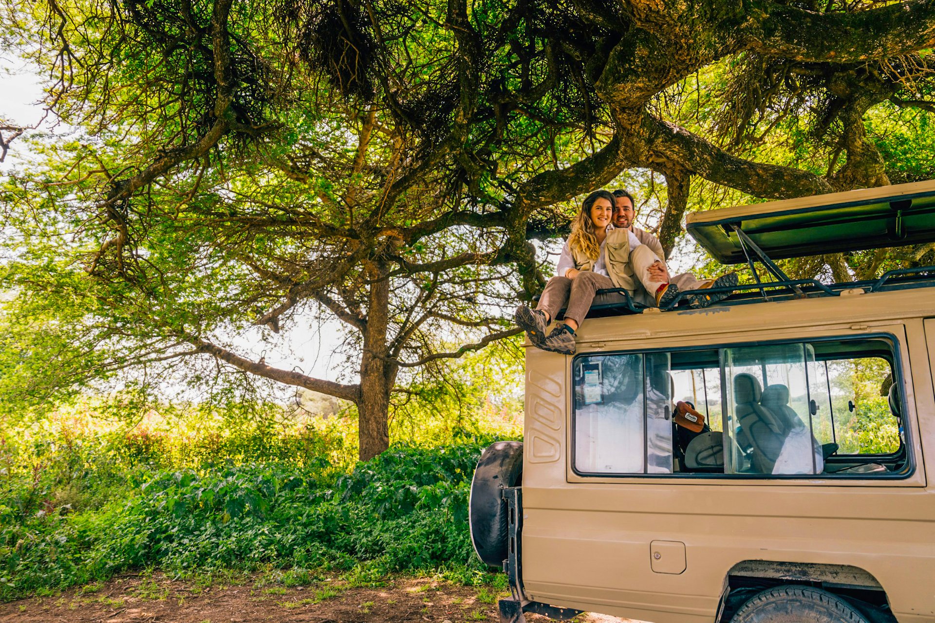 Safari vehicle observing lions and elephants in Serengeti National Park