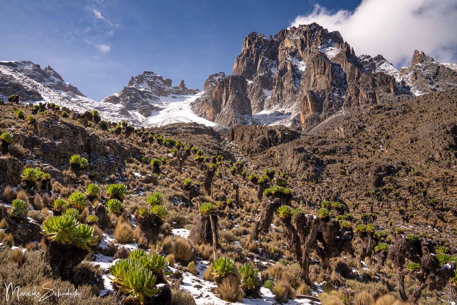 Hiker approaching rocky alpine ridge with dramatic clouds on Mount Kenya