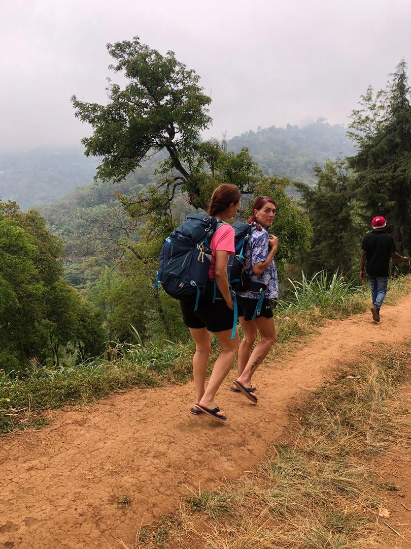 Forest trail leading to Meru Waterfalls with tropical greenery and volcanic slopes