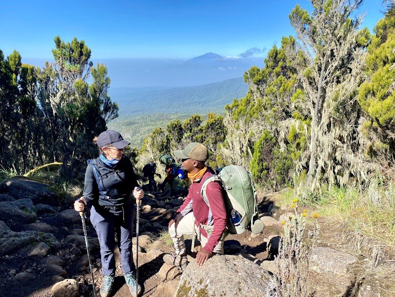 Trekkers crossing the Shira Plateau on the Lemosho Route