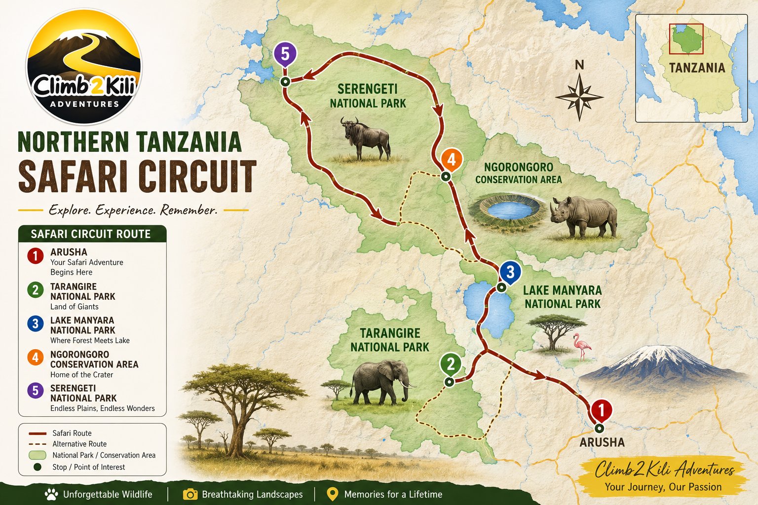 Map showing Serengeti, Ngorongoro, Tarangire and Lake Manyara