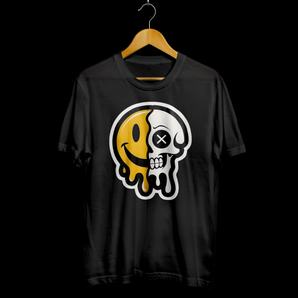 "Melted Duality" Smiley & Skull Graphic T-Shirt