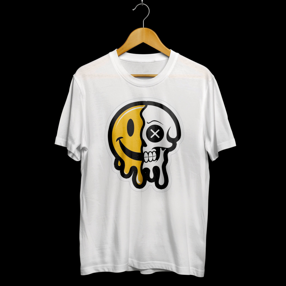 "Melted Duality" Smiley & Skull Graphic T-Shirt