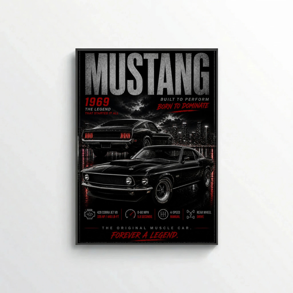 Ford Mustang 1969 Poster - 428 Cobra Jet Pure American Muscle Car Art