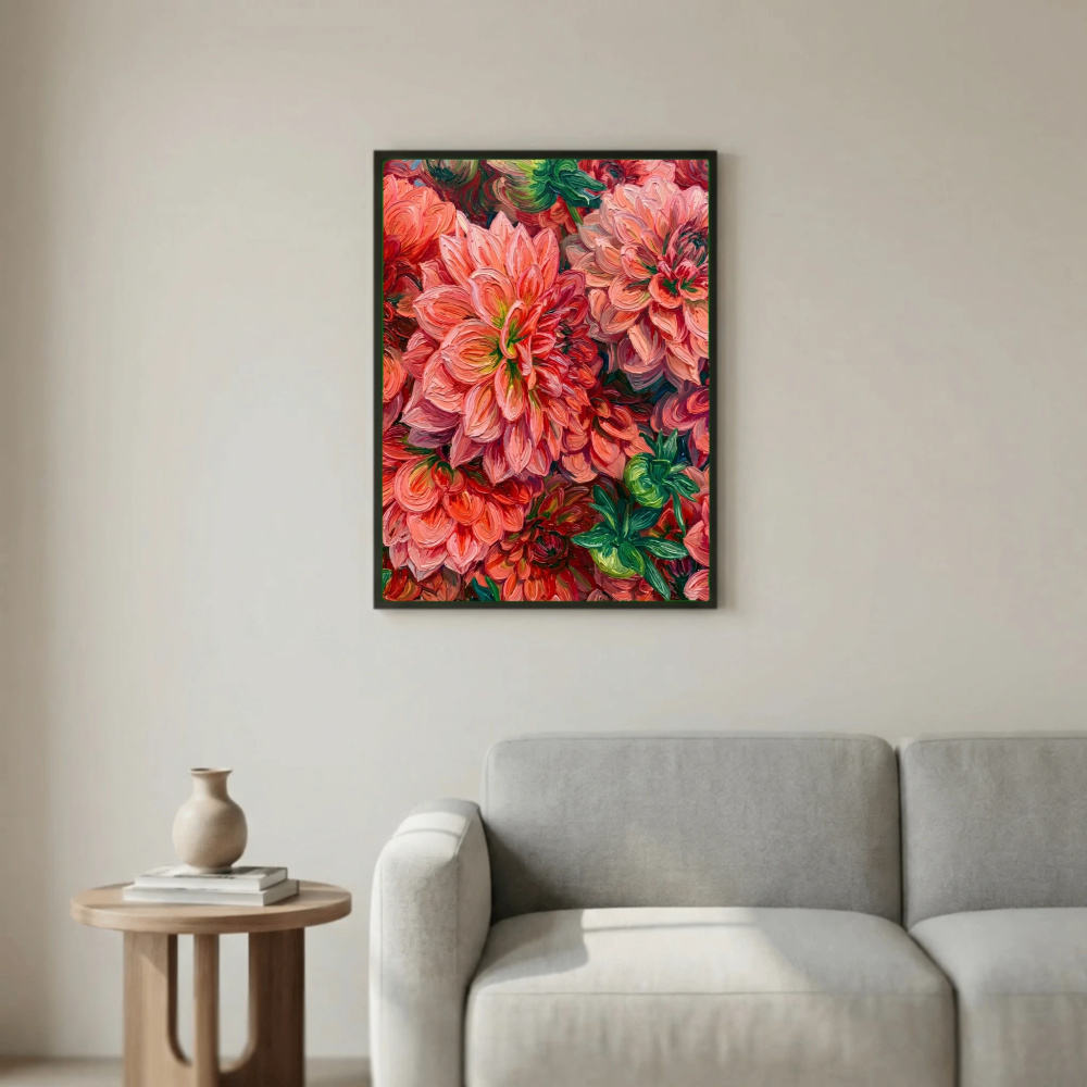 Red and Pink Dahlias Textured Oil Painting Style