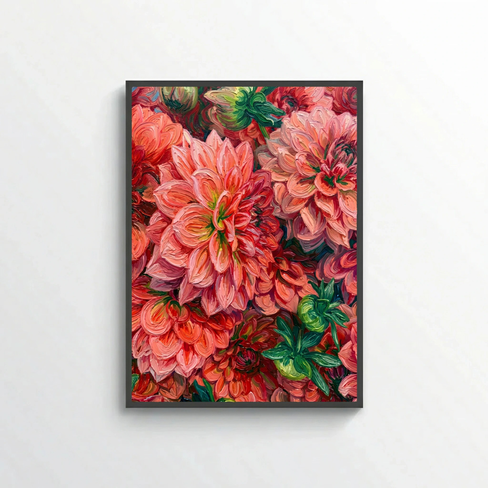 Red and Pink Dahlias Textured Oil Painting Style