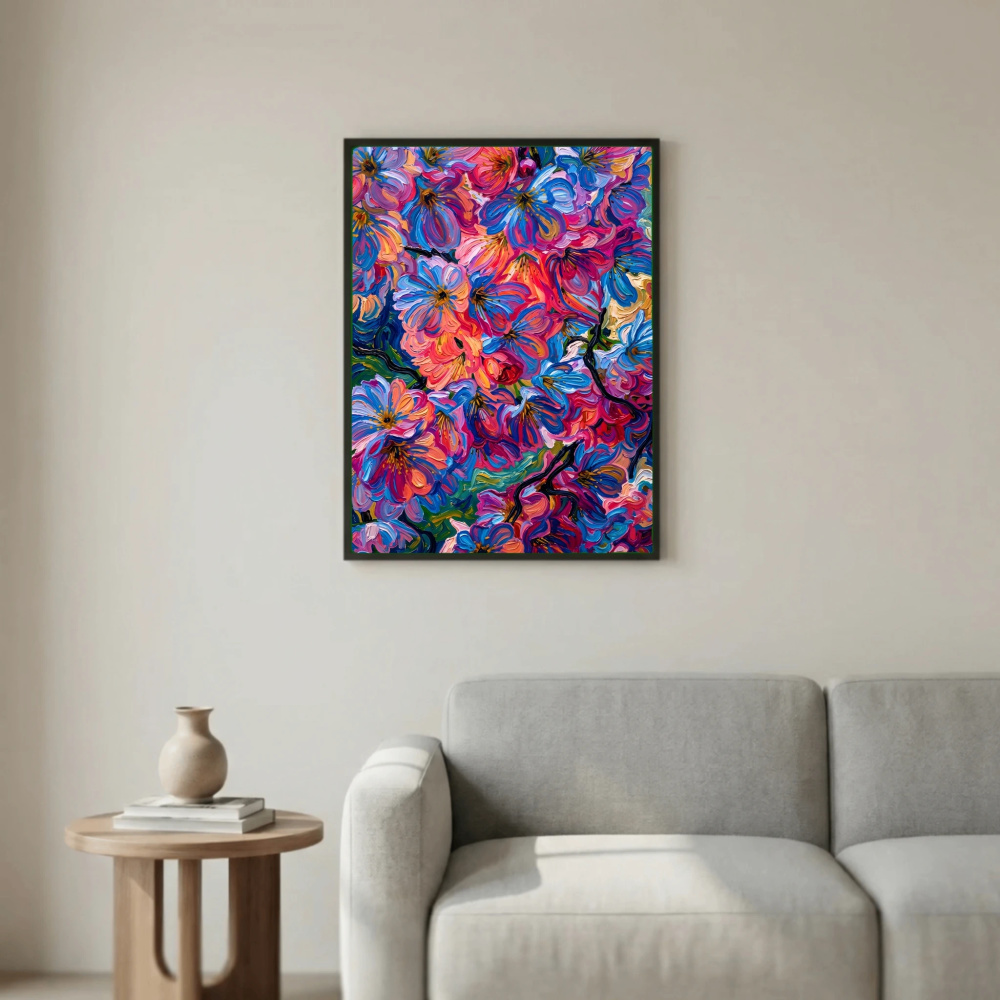 Pink and Blue Tree Blossoms in Textured Oil Painting Style