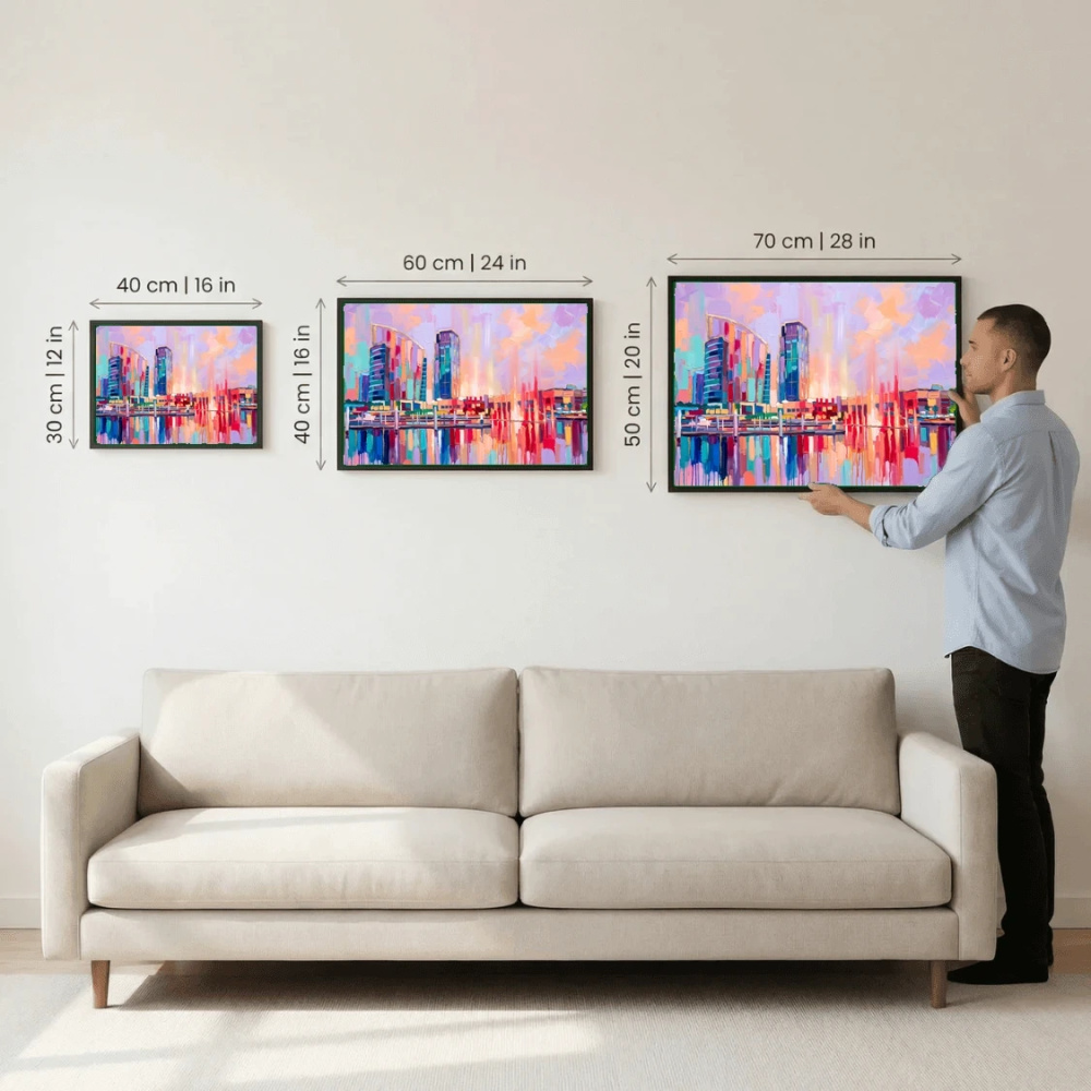 Colorful City Skyline Waterfront Oil Painting