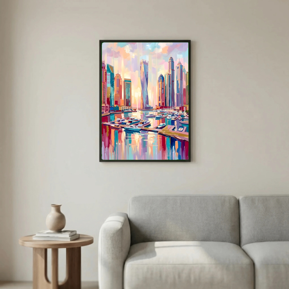 Modern Marina Harbor and City Skyline Watercolor Oil Painting