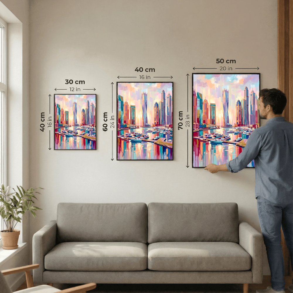 Modern Marina Harbor and City Skyline Watercolor Oil Painting