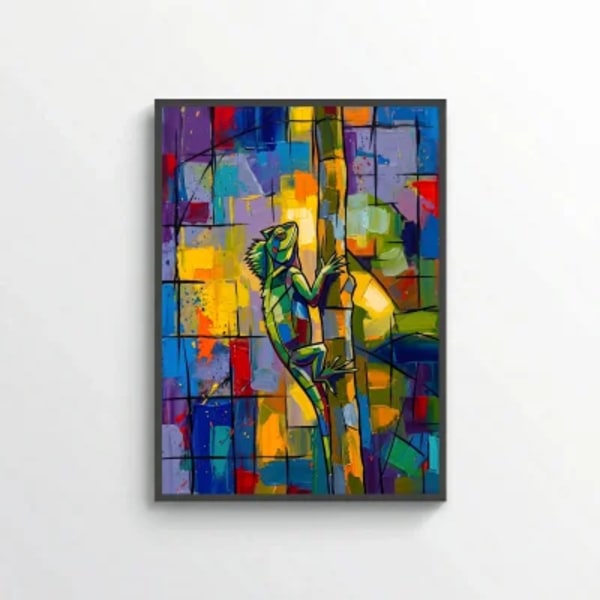 Vibrant Iguana on a Tree Trunk Abstract Oil Painting Style