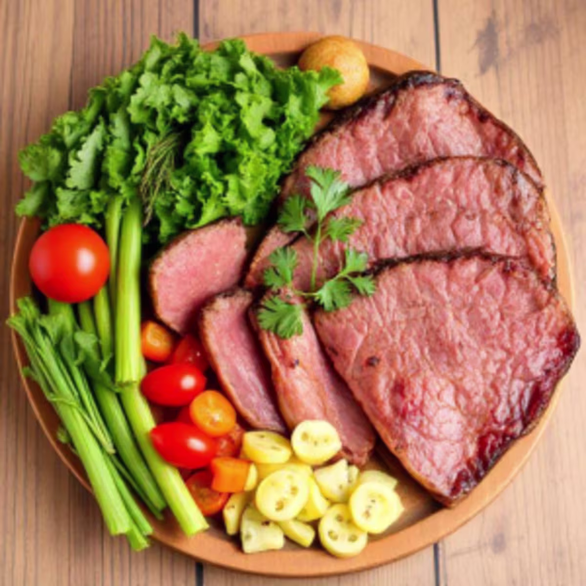 Een bord met vlees en groente.