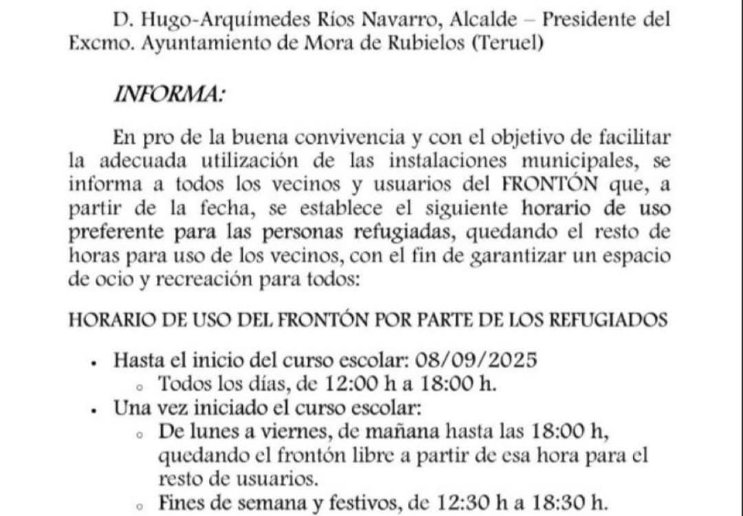 Escándalo en Mora de Rubielos: el Ayuntamiento del PAR veta a los vecinos en su propio frontón para dárselo a inmigrantes ilegales