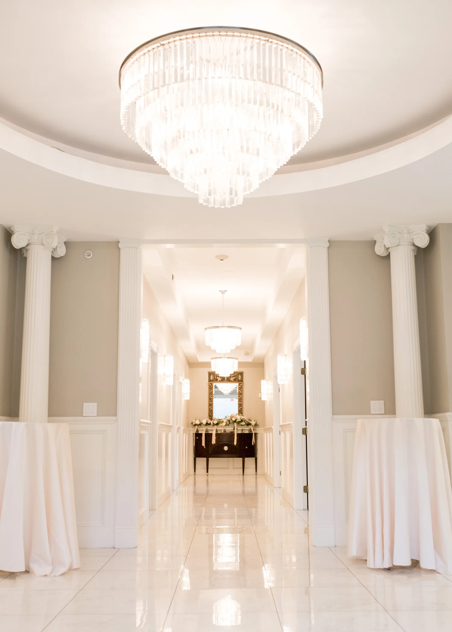 Swarovski crystal chandelier in the rotunda at The Commons 1854 Topsfield