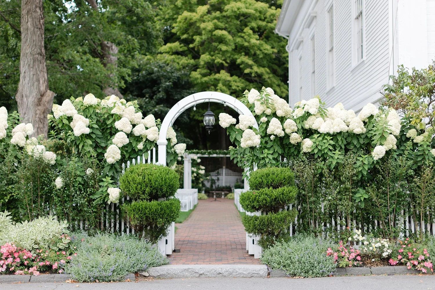 Garden hydrangea arch and brick pathway at The Commons 1854