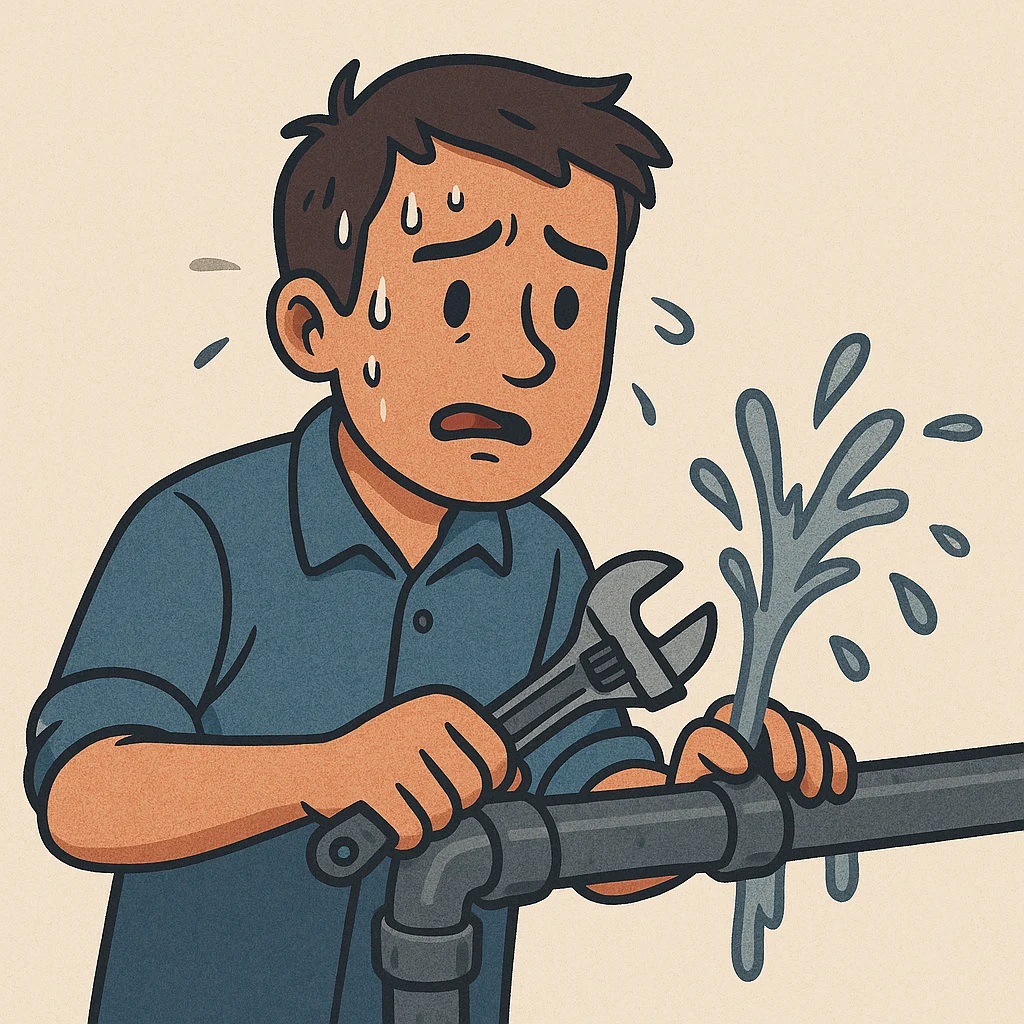 Cartoon of a person maintaing a broken pipe like a broken website