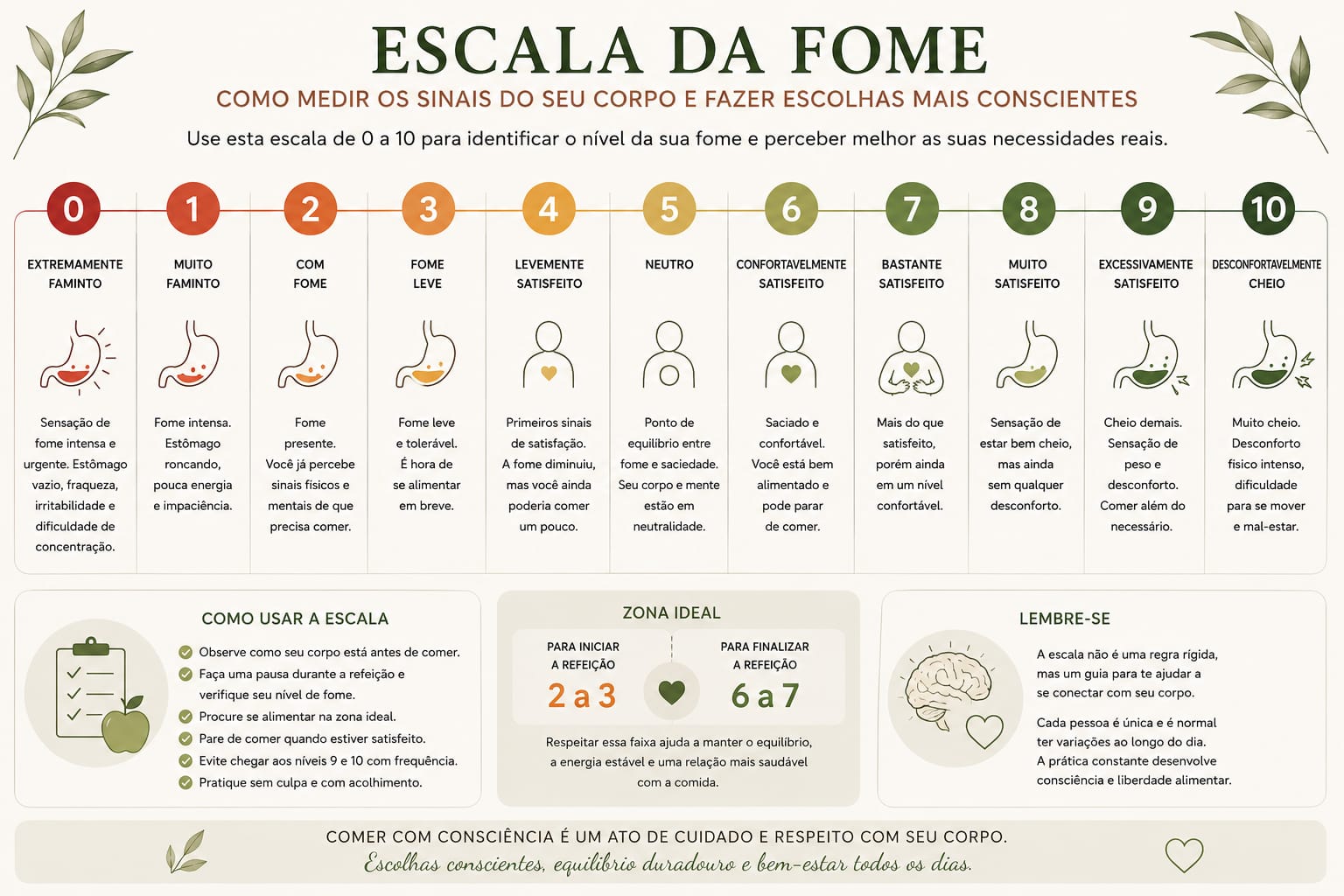 Escala da fome de 0 a 10 para identificar sinais do corpo e fazer escolhas mais conscientes