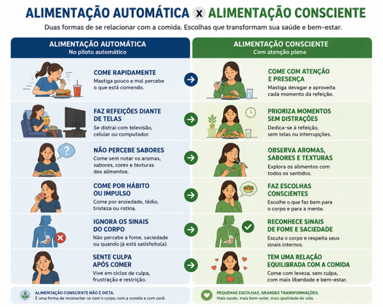 Infográfico comparando alimentação automática e alimentação consciente.