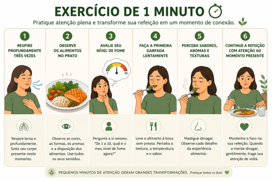 Passo a passo de exercício de mindful eating de 1 minuto.