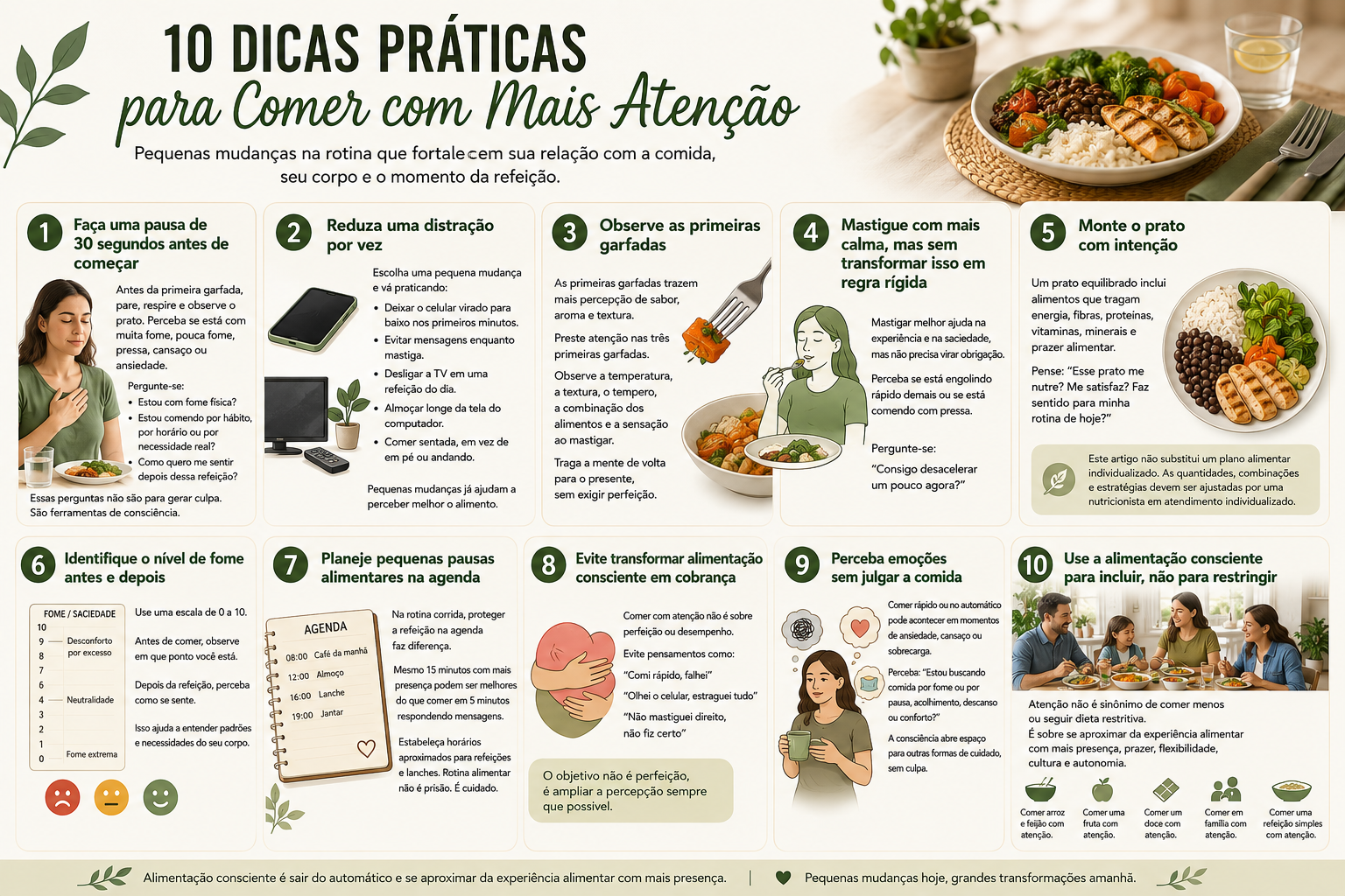 Infográfico com 10 dicas práticas de alimentação consciente para comer com mais atenção, reduzir distrações e melhorar a relação com a comida.