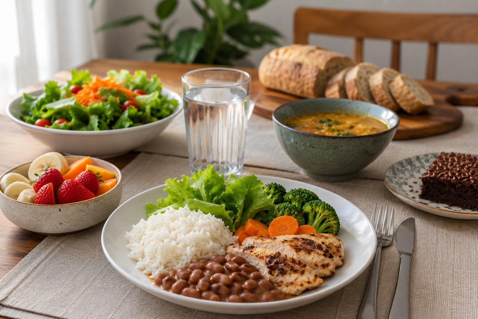 Mesa com alimentos variados e equilibrados representando uma relação saudável com a comida sem classificar alimentos como bons ou ruins.