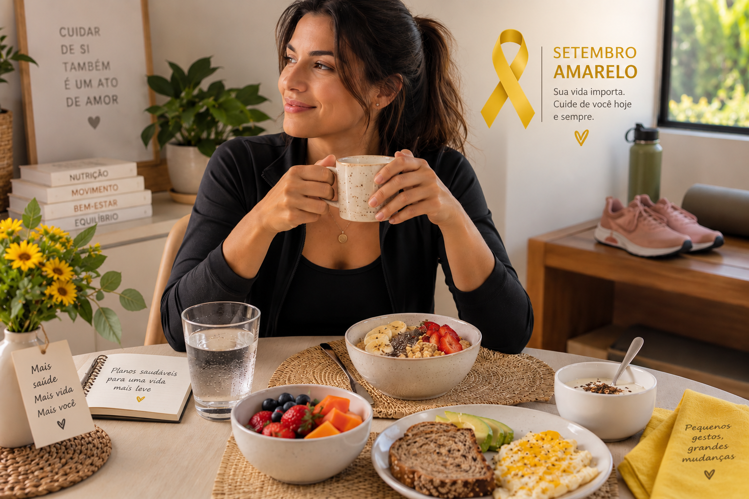 Mulher em rotina de autocuidado com alimentação equilibrada e tênis de caminhada ao fundo, representando Setembro Amarelo, alimentação e exercícios.