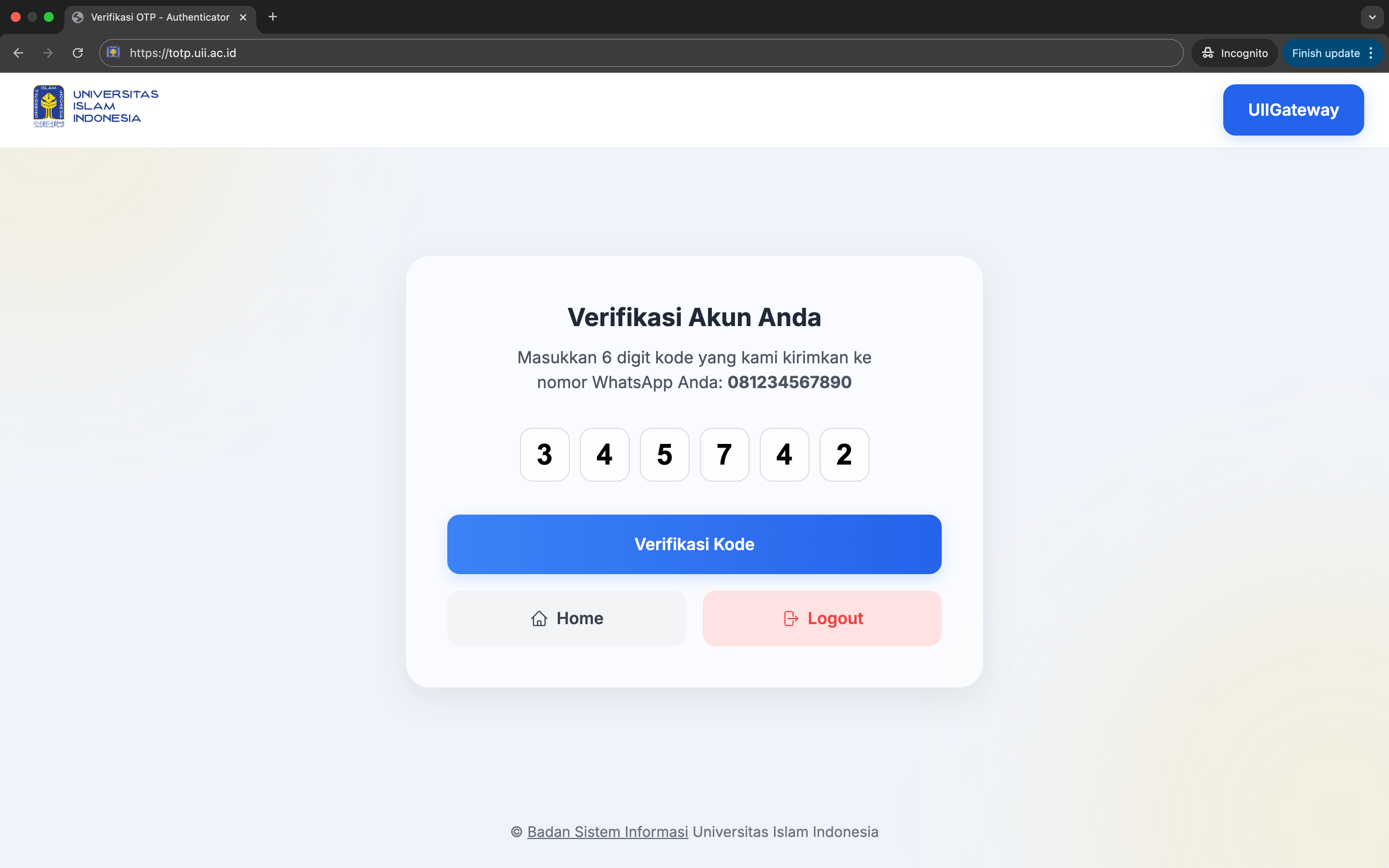 Kolom verifikasi kode WhatsApp
