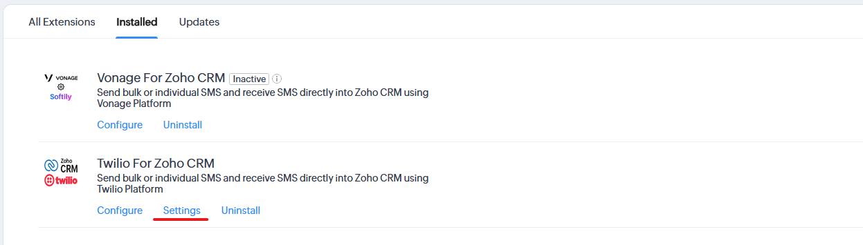 Zoho CRM Twilio Extensions Configuration Guide